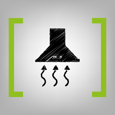 Exhaust hood range hood kitchen ventilation sign Vector black scribble icon in citron brackets on grayish background.のイラスト素材