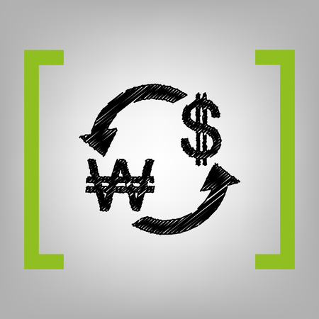 Currency exchange sign. South Korea Won and US Dollar. Vector. Black scribble icon in citron brackets on grayish background.のイラスト素材