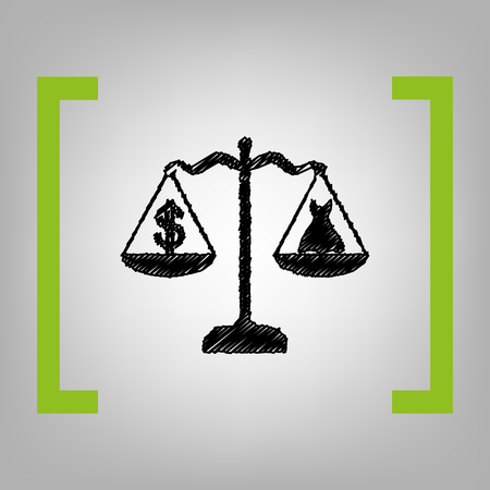 Dress and dollar symbol on scales. Vector. Black scribble icon in citron brackets on grayish background.のイラスト素材