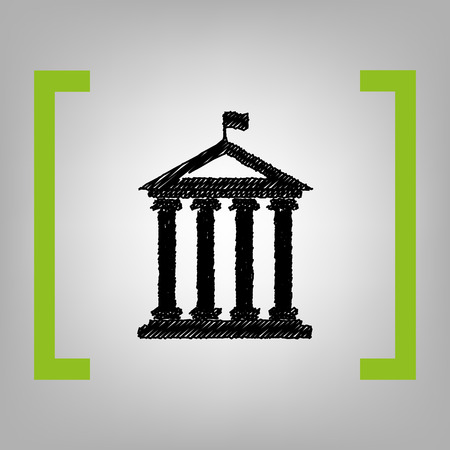Historical building with flag. Vector. Black scribble icon in citron brackets on grayish background.のイラスト素材