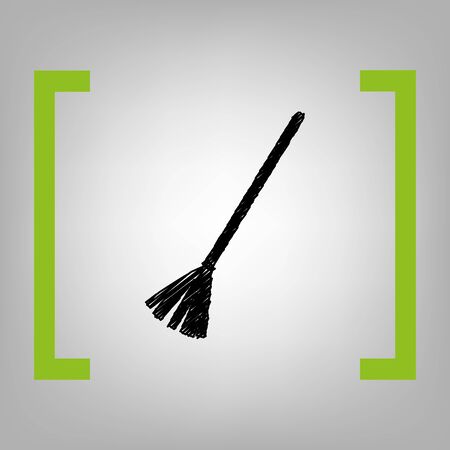 Sweeping broom sign. Vector. Black scribble icon in citron brackets on grayish background.の写真素材