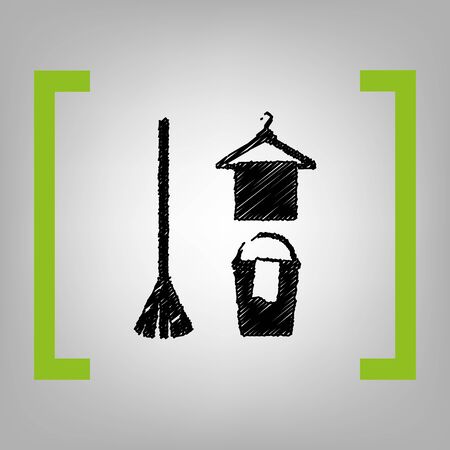 Broom, bucket and hanger sign. Vector. Black scribble icon in citron brackets on grayish background.の写真素材