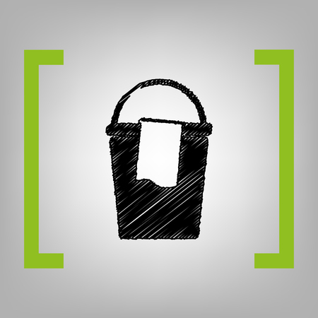Bucket and a rag sign. Vector. Black scribble icon in citron brackets on grayish background.の写真素材
