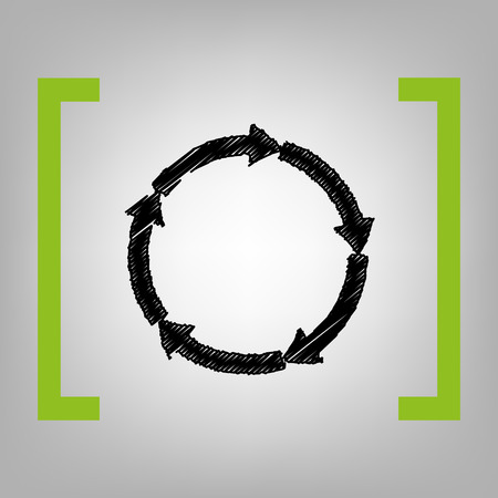 Cirkular arrows sign. Vector. Black scribble icon in citron brackets on grayish background.のイラスト素材
