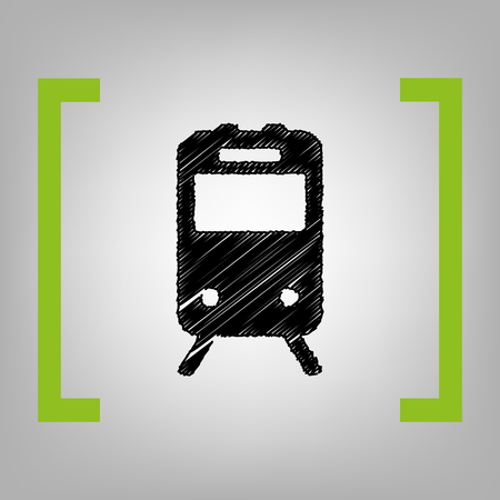 Train sign. Vector. Black scribble icon in citron brackets on grayish background.のイラスト素材
