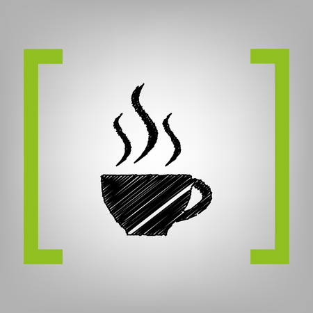 Cup of coffee sign. Vector. Black scribble icon in citron brackets on grayish background.のイラスト素材