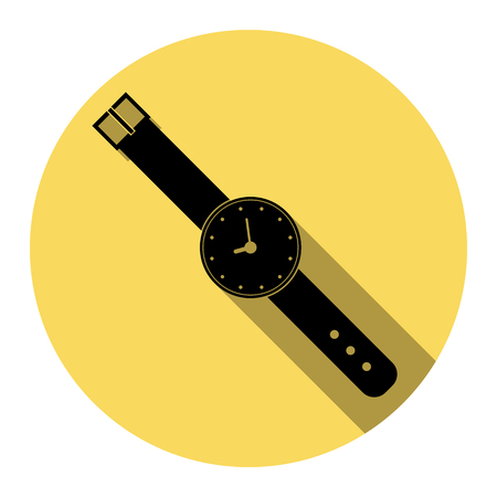 Watch sign illustration. Vector. Flat black icon with flat shadow on royal yellow circle with white background. Isolated.のイラスト素材