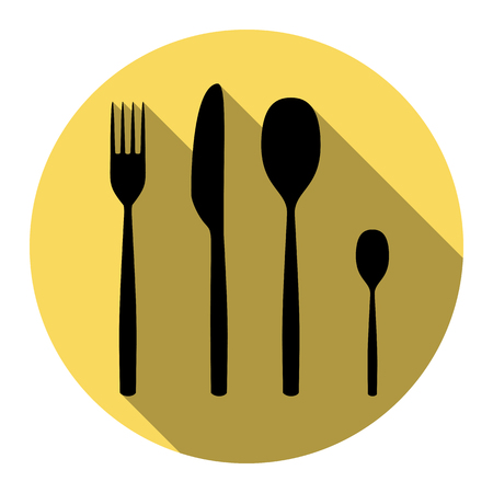 Fork spoon and knife sign. Vector. Flat black icon with flat shadow on royal yellow circle with white background. Isolated.のイラスト素材