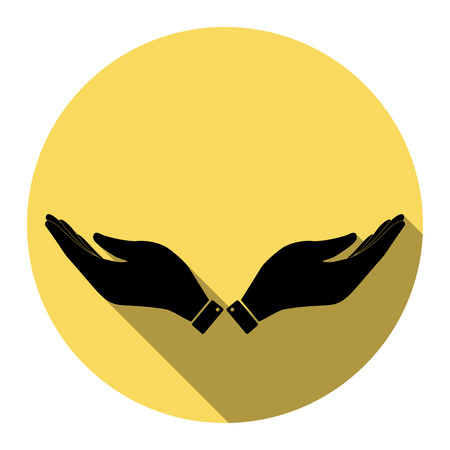 Hand sign illustration. Vector. Flat black icon with flat shadow on royal yellow circle with white background. Isolated.のイラスト素材