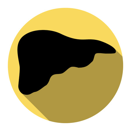 Human anatomy illustration. Liver sign. Vector. Flat black icon with flat shadow on royal yellow circle with white background. Isolated.のイラスト素材