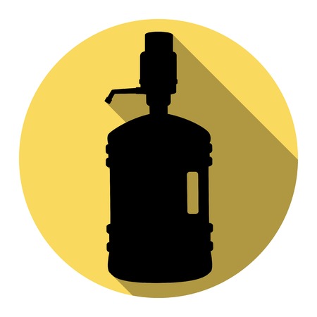 Plastic bottle silhouette with water and siphon. Vector. Flat black icon with flat shadow on royal yellow circle with white background. Isolated.のイラスト素材