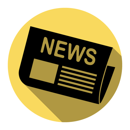 Newspaper sign. Vector. Flat black icon with flat shadow on royal yellow circle with white background. Isolated.のイラスト素材