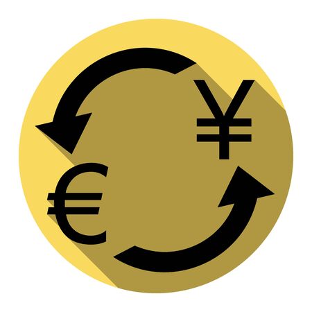 Currency exchange sign. Euro and Japan Yen. Vector. Flat black icon with flat shadow on royal yellow circle with white background. Isolated.のイラスト素材