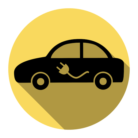 Electric car sign. Vector. Flat black icon with flat shadow on royal yellow circle with white background. Isolated.のイラスト素材