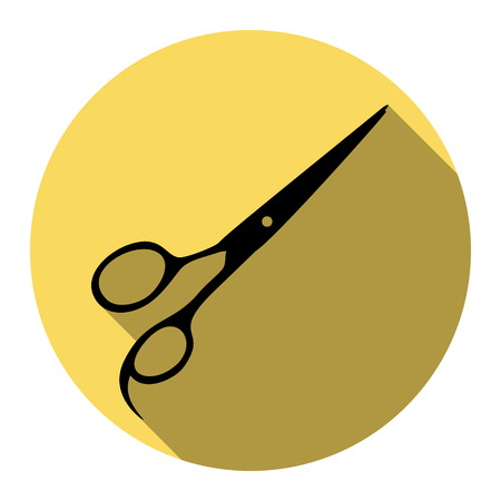 Hair cutting scissors sign. Vector. Flat black icon with flat shadow on royal yellow circle with white background. Isolated.のイラスト素材