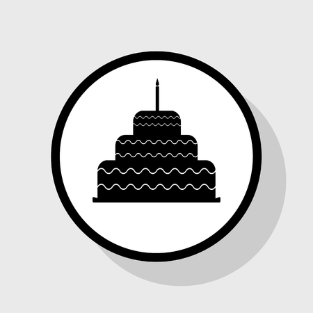Cake with candle sign. Vector. Flat black icon in white circle with shadow at gray background.のイラスト素材