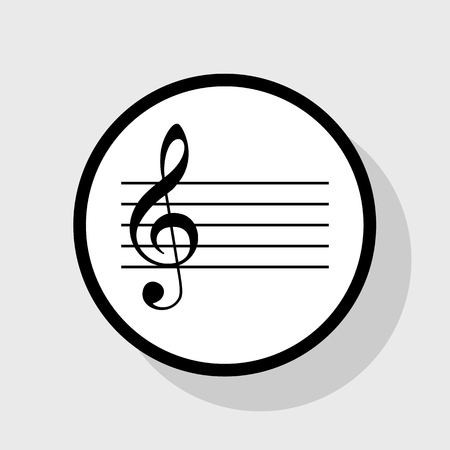 Music violin clef sign. G-clef. Vector. Flat black icon in white circle with shadow at gray background.のイラスト素材