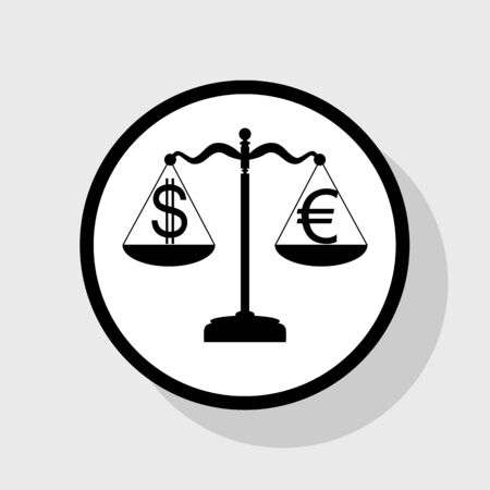 Justice scales with currency exchange sign. Vector. Flat black icon in white circle with shadow at gray background.のイラスト素材