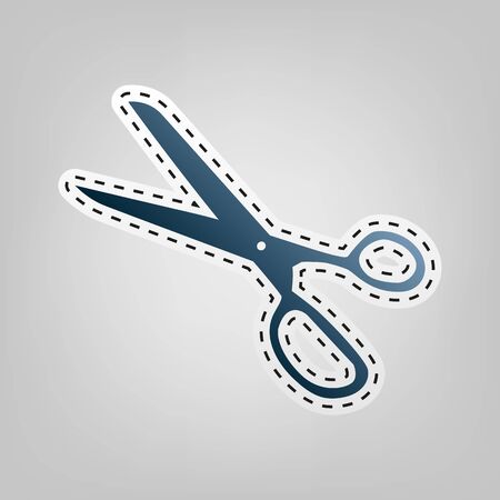 Scissors sign illustration. Vector. Blue icon with outline for cutting out at gray background.のイラスト素材
