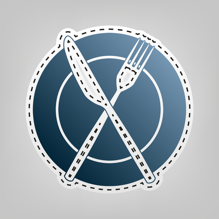 Fork, Knife and Plate sign. Vector. Blue icon with outline for cutting out at gray background.のイラスト素材