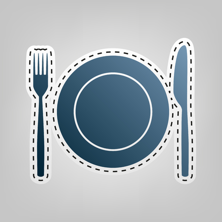 Fork, Knife and Plate sign. Vector. Blue icon with outline for cutting out at gray background.のイラスト素材