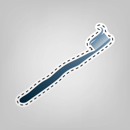 Toothbrush with applied toothpaste portion. Vector. Blue icon with outline for cutting out at gray background.のイラスト素材