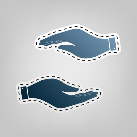 Hand sign illustration. Vector. Blue icon with outline for cutting out at gray background.のイラスト素材