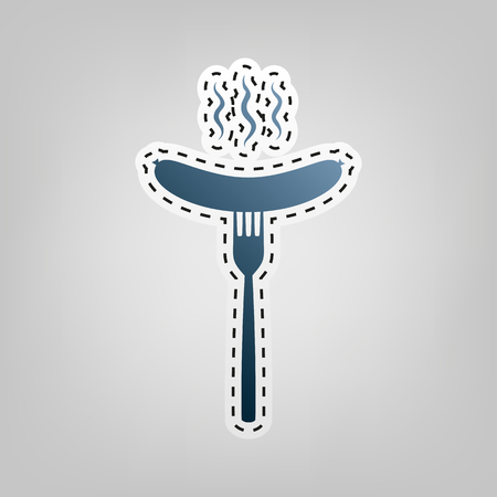 Sausage on fork sign. Vector. Blue icon with outline for cutting out at gray background.のイラスト素材