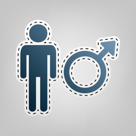 Male sign illustration. Vector. Blue icon with outline for cutting out at gray background.のイラスト素材