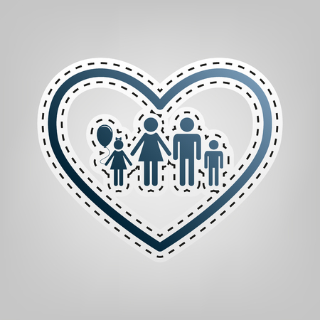 Family sign illustration in heart shape. Vector. Blue icon with outline for cutting out at gray background.のイラスト素材