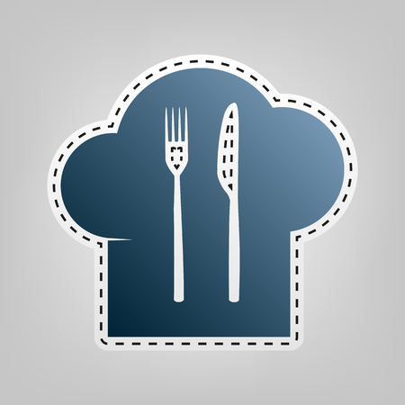 Chef hat and spoon, fork, knife sign. Vector. Blue icon with outline for cutting out at gray background.のイラスト素材