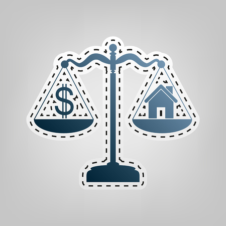 House and dollar symbol on scales. Vector. Blue icon with outline for cutting out at gray background.のイラスト素材