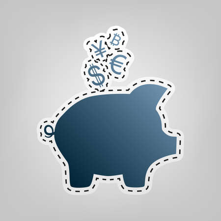 Piggy bank sign with the currencies. Vector. Blue icon with outline for cutting out at gray background.のイラスト素材