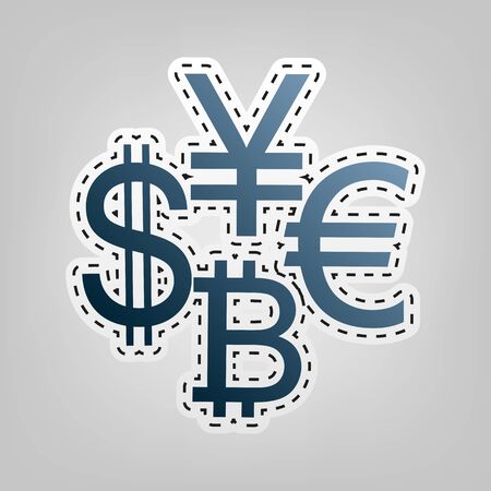 Currency sign collection dollar, euro, bitcoin, yen. Vector. Blue icon with outline for cutting out at gray background.のイラスト素材
