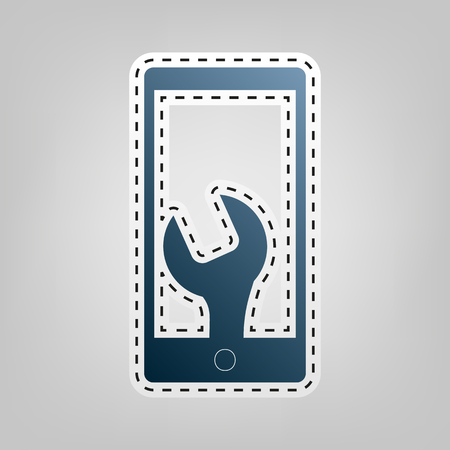 Phone icon with settings. Vector. Blue icon with outline for cutting out at gray background.のイラスト素材