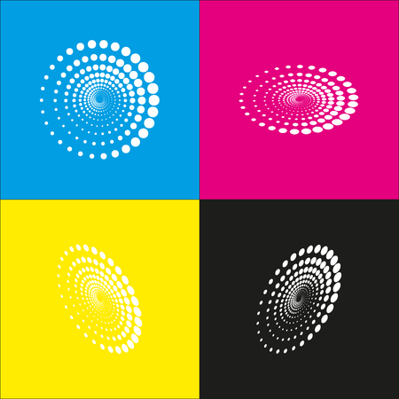 Abstract technology circles sign. Vector. White icon with isometric projections on cyan, magenta, yellow and black backgrounds.のイラスト素材