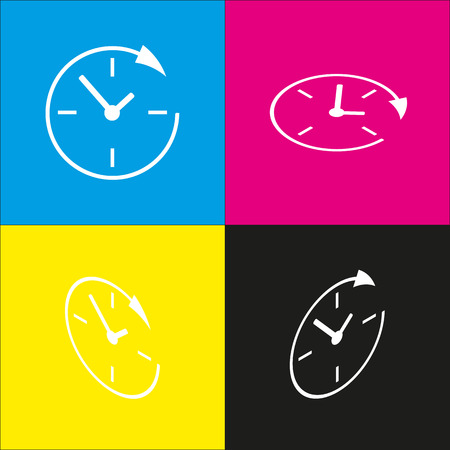 Service and support for customers around the clock and 24 hours. Vector. White icon with isometric projections on cyan, magenta, yellow and black backgrounds.のイラスト素材