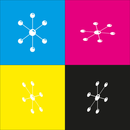 Molecule sign illustration. Vector. White icon with isometric projections on cyan, magenta, yellow and black backgrounds.のイラスト素材