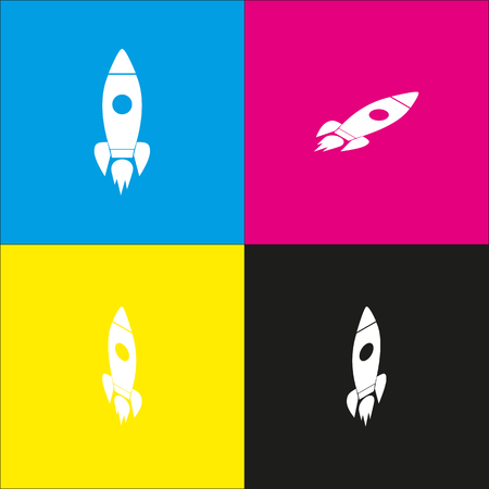 Rocket sign illustration. Vector. White icon with isometric projections on cyan, magenta, yellow and black backgrounds.のイラスト素材