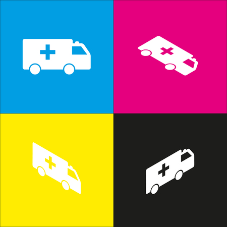 Ambulance sign illustration. Vector. White icon with isometric projections on cyan, magenta, yellow and black backgrounds.のイラスト素材