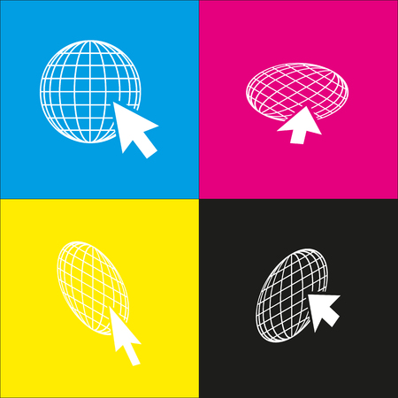 Earth Globe with cursor. Vector. White icon with isometric projections on cyan, magenta, yellow and black backgrounds.のイラスト素材