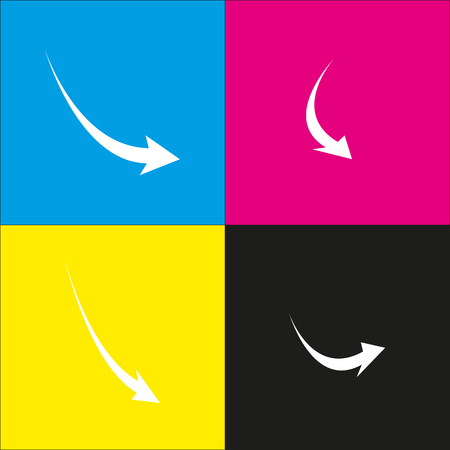 Declining arrow sign. Vector. White icon with isometric projections on cyan, magenta, yellow and black backgrounds.のイラスト素材