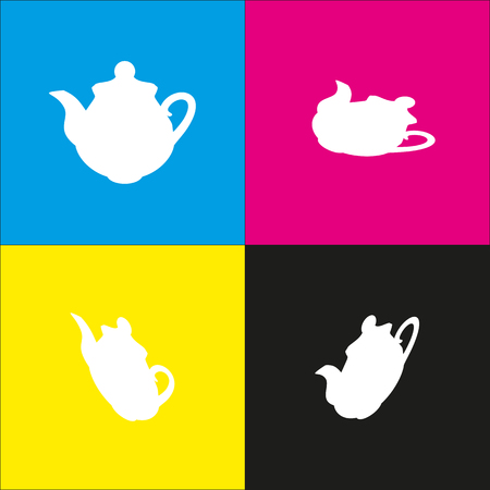 Tea maker Kitchen sign. Vector. White icon with isometric projections on cyan, magenta, yellow and black backgrounds.のイラスト素材