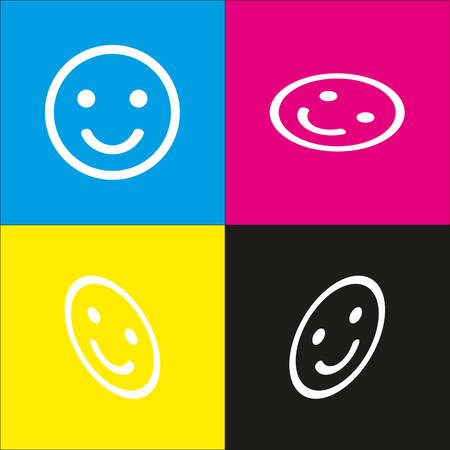 Smile icon. Vector. White icon with isometric projections on cyan, magenta, yellow and black backgrounds.のイラスト素材