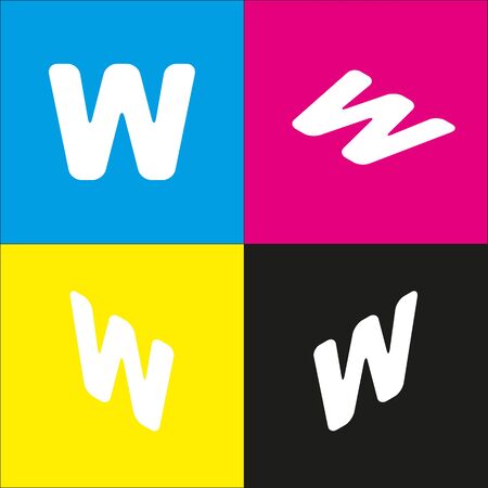 Letter W sign design template element. Vector. White icon with isometric projections on cyan, magenta, yellow and black backgrounds.のイラスト素材