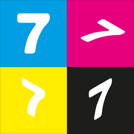 Number 7 sign design template element. Vector. White icon with isometric projections on cyan, magenta, yellow and black backgrounds.のイラスト素材