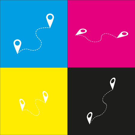 Location pin navigation map, gps sign. Vector. White icon with isometric projections on cyan, magenta, yellow and black backgrounds.のイラスト素材