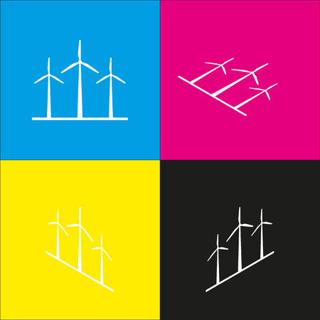 Wind turbines sign. Vector. White icon with isometric projections on cyan, magenta, yellow and black backgrounds.のイラスト素材
