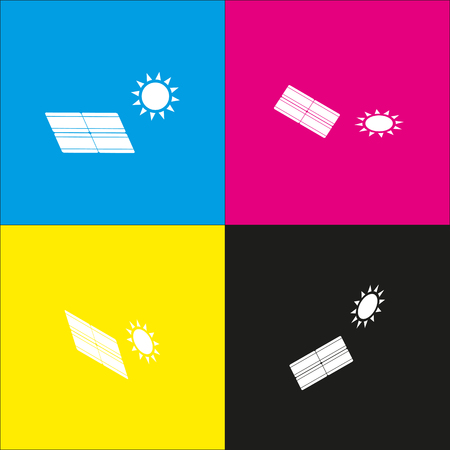 Solar energy panel. Eco trend concept sign. Vector. White icon with isometric projections on cyan, magenta, yellow and black backgrounds.のイラスト素材