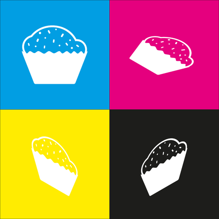 Cupcake sign. Vector. White icon with isometric projections on cyan, magenta, yellow and black backgrounds.のイラスト素材